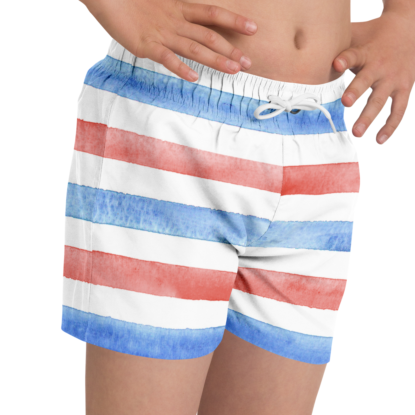 Boys Red, White & Blue Stripes Pattern Swim Trunks