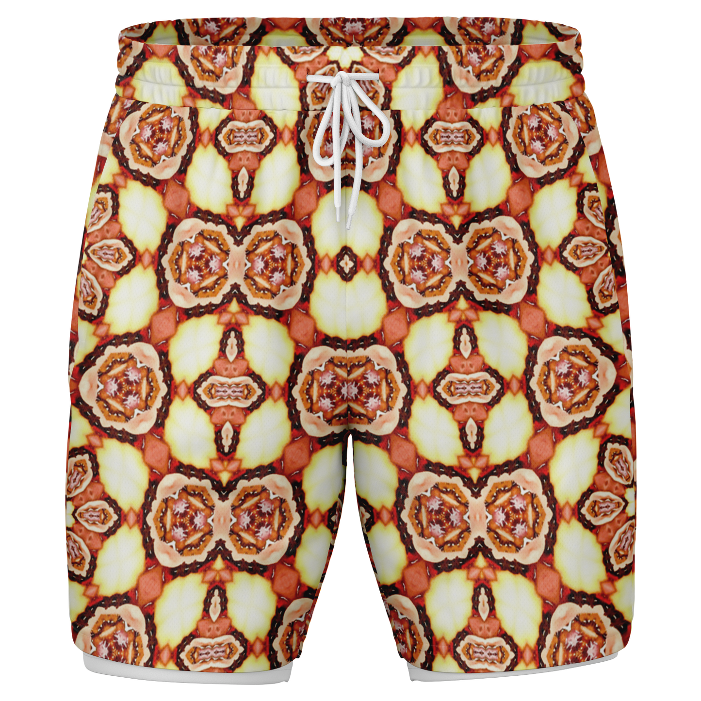 Men's Golden Brown Flower of Life Pattern with White Rash Guard 2-in-1 Shorts