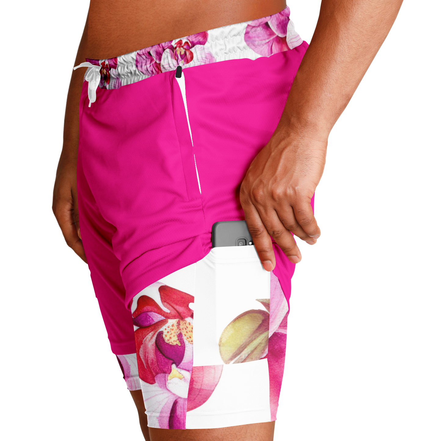 Short rashguard 2 en 1 magenta à imprimé orchidée pour homme 