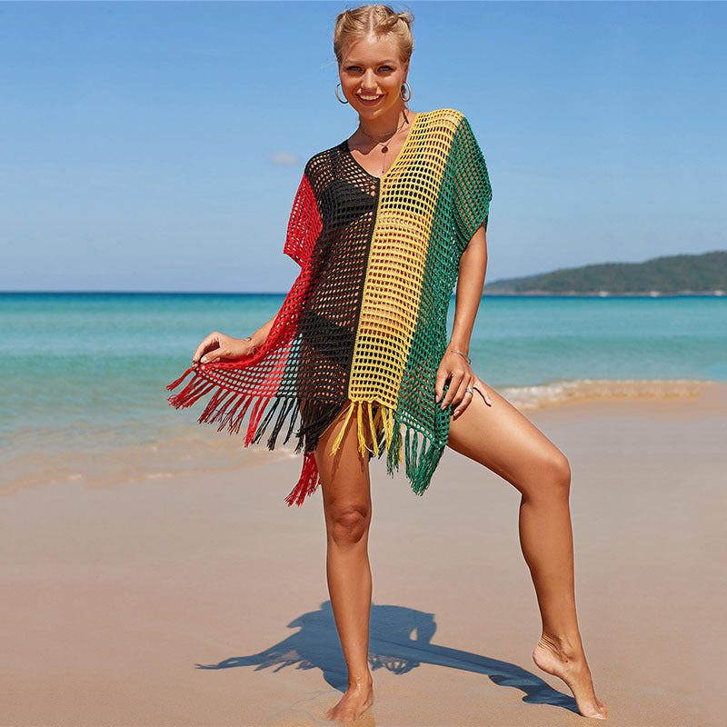 Colourful Hollow-Knitted Beach Blouse