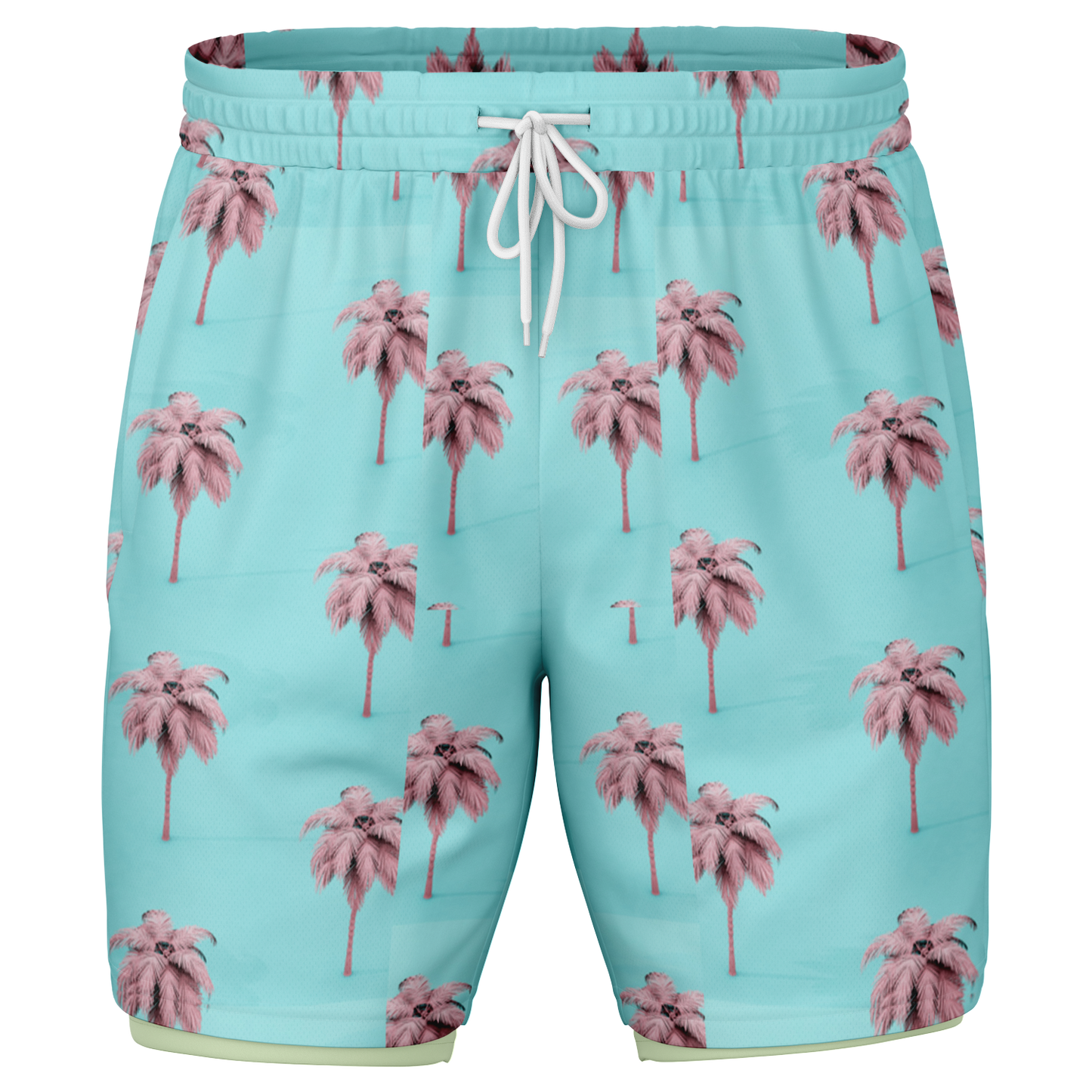 Men's Cotton Candy Palm Tree Pattern with Lemon Lime Rash Guard 2-in-1 Shorts