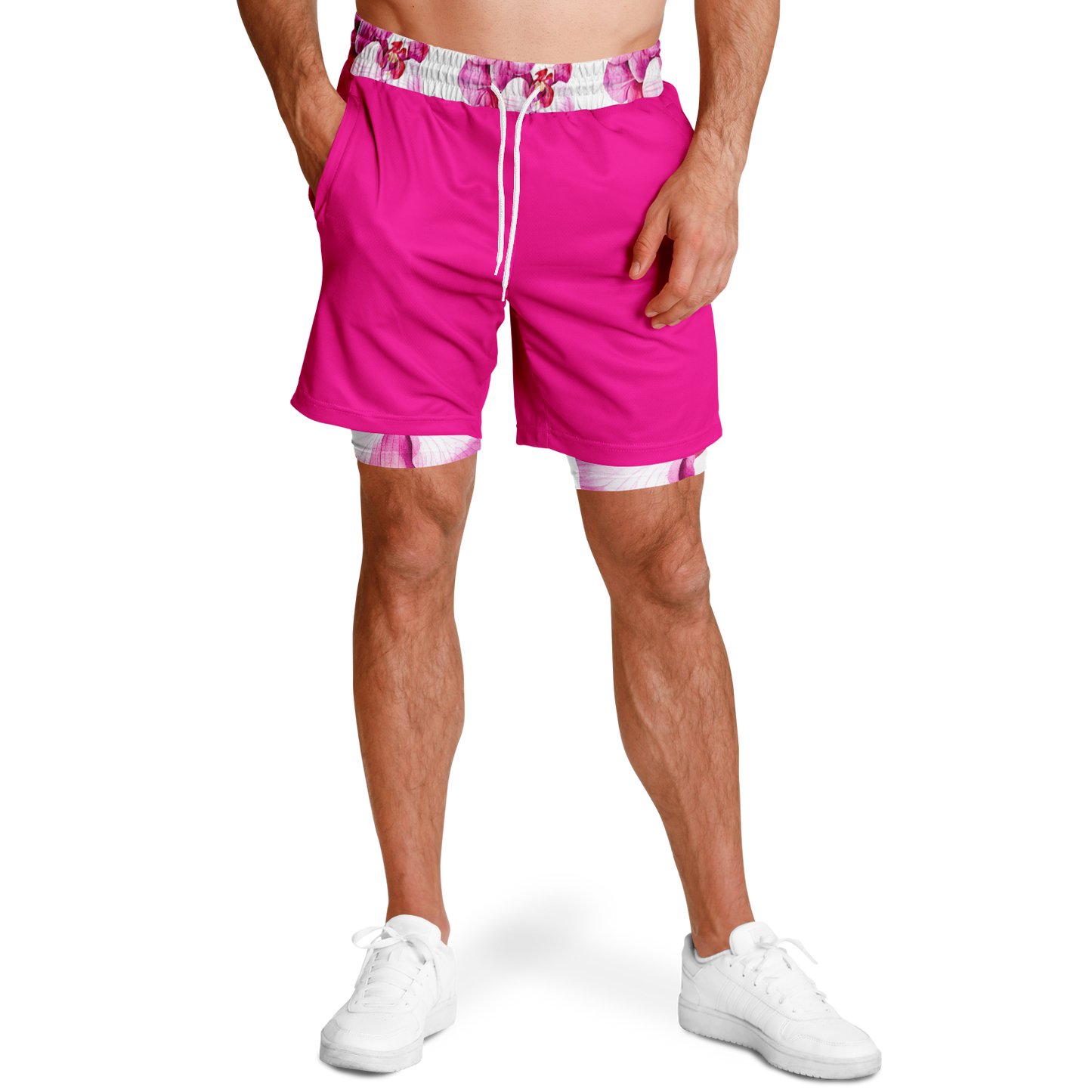 Men's Magenta with Orchid Print Rash Guard 2-in-1 Shorts