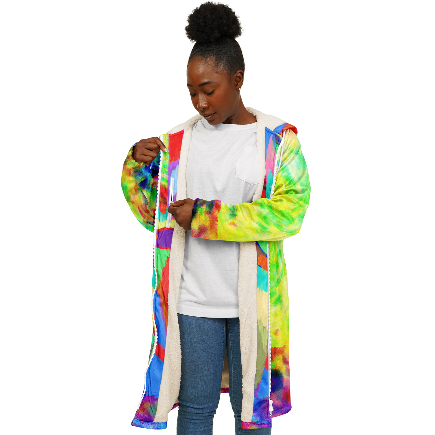 Women's Rainbow Tie-dye Peace Print Zipper Cloak