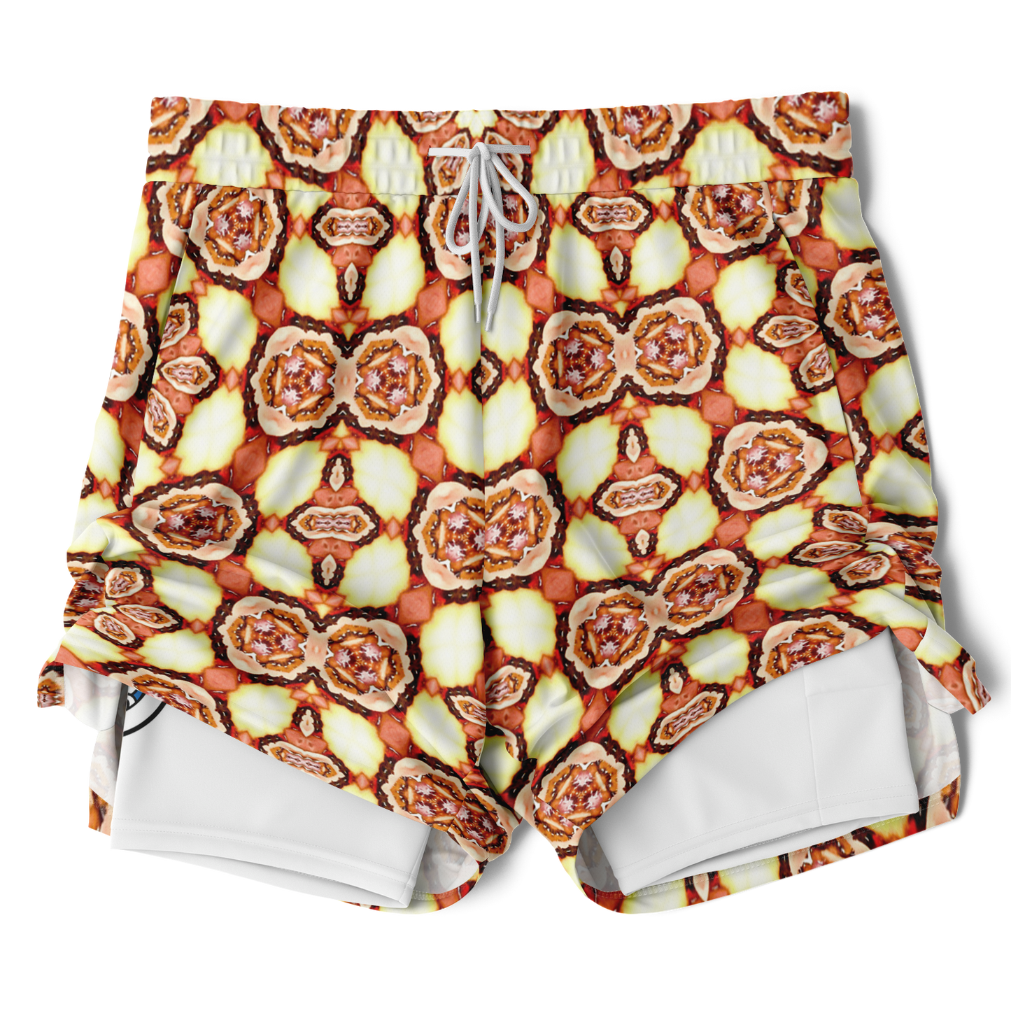 Men's Golden Brown Flower of Life Pattern with White Rash Guard 2-in-1 Shorts