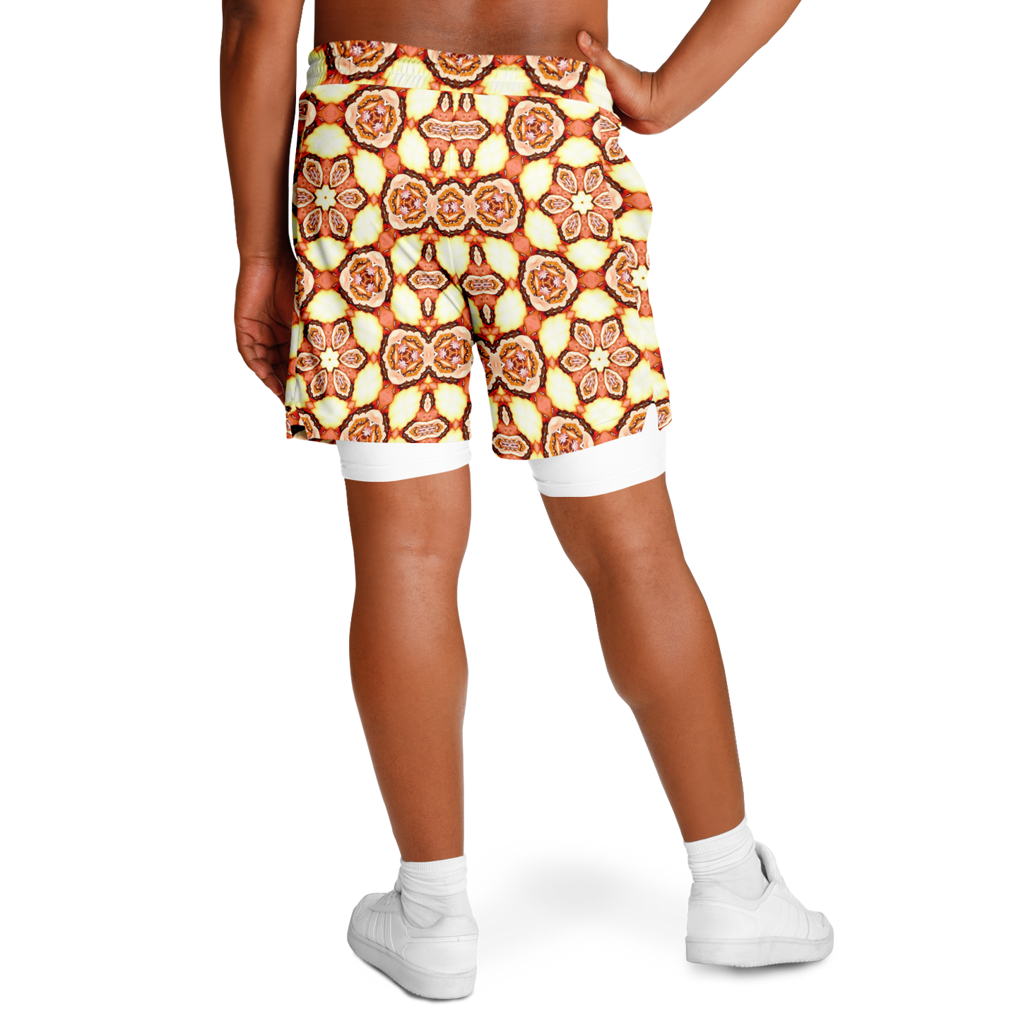 Men's Golden Brown Flower of Life Pattern with White Rash Guard 2-in-1 Shorts