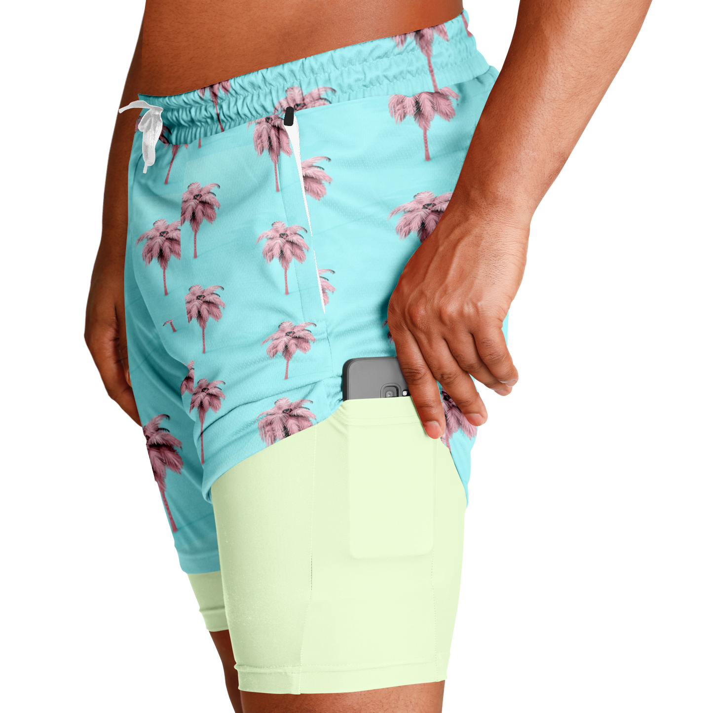 Men's Cotton Candy Palm Tree Pattern with Lemon Lime Rash Guard 2-in-1 Shorts