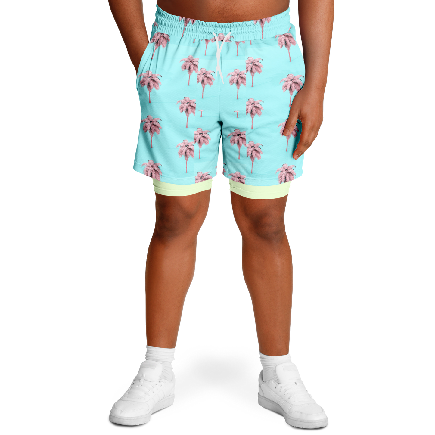 Men's Cotton Candy Palm Tree Pattern with Lemon Lime Rash Guard 2-in-1 Shorts