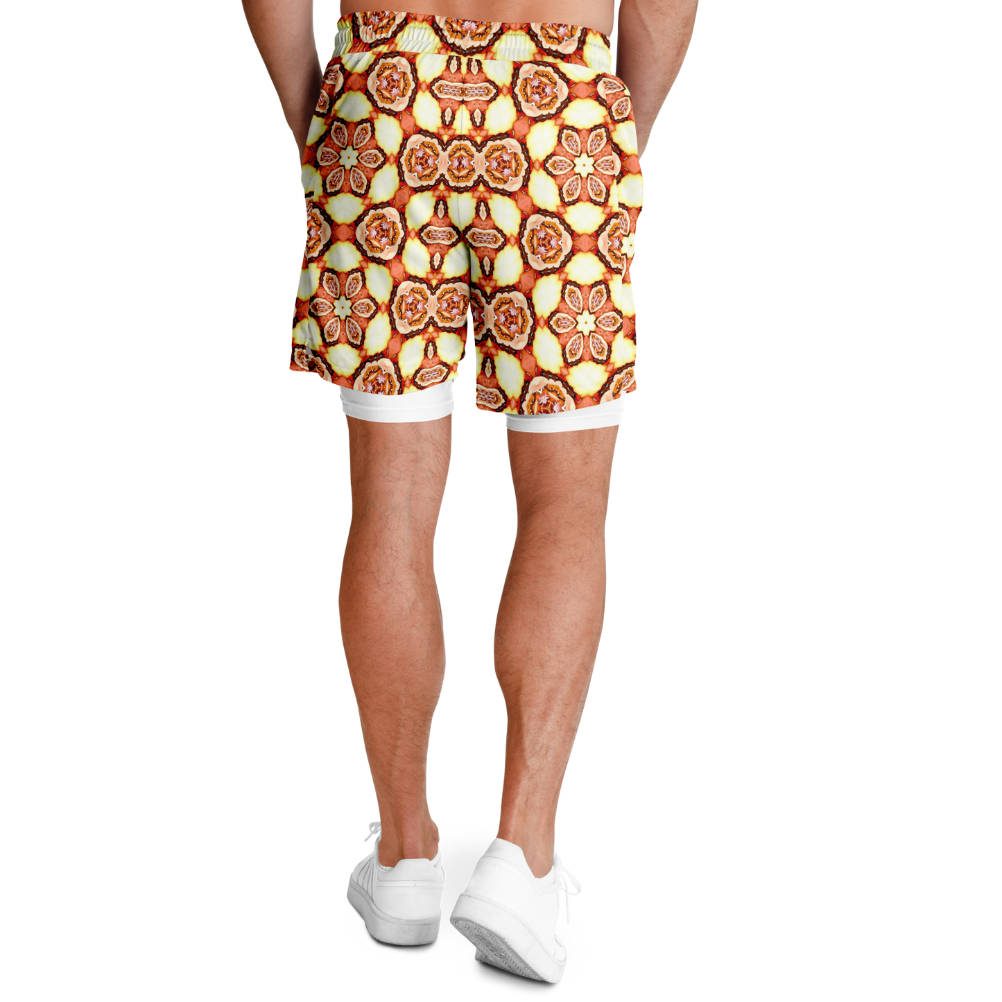 Men's Golden Brown Flower of Life Pattern with White Rash Guard 2-in-1 Shorts