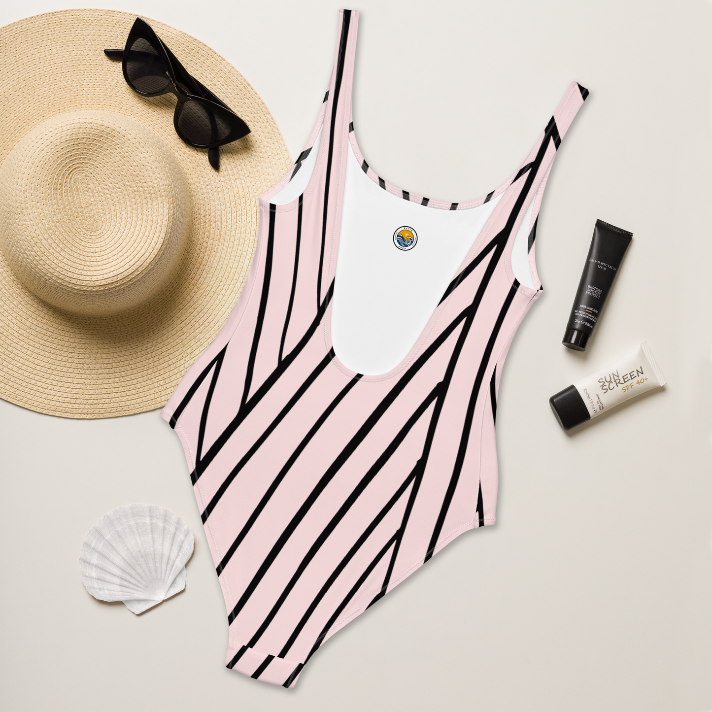 Pale Pink and Lines Pattern One-Piece Swimsuit