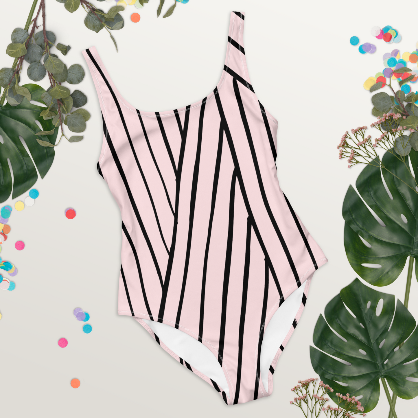 Pale Pink and Lines Pattern One-Piece Swimsuit