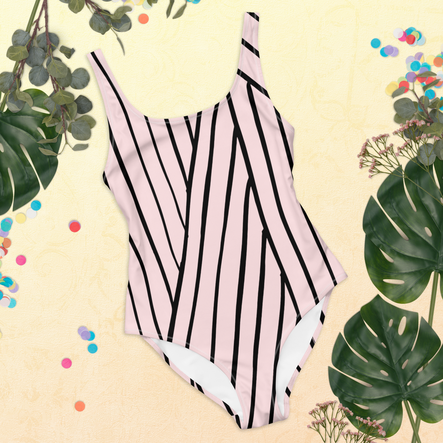 Pale Pink and Lines Pattern One-Piece Swimsuit