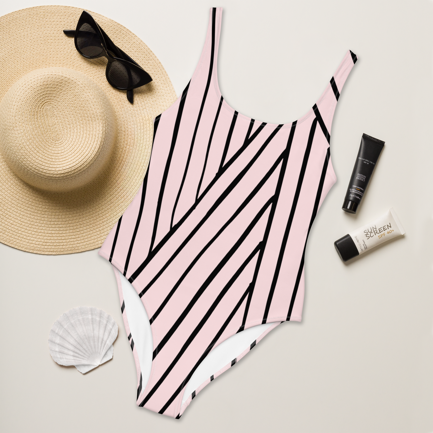 Pale Pink and Lines Pattern One-Piece Swimsuit