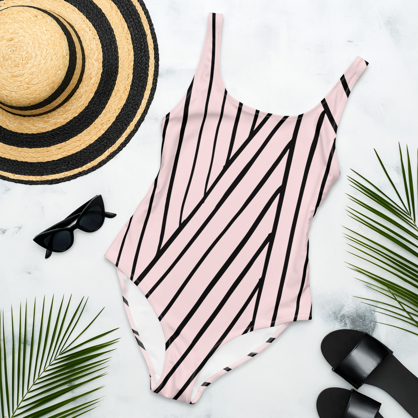 Pale Pink and Lines Pattern One-Piece Swimsuit