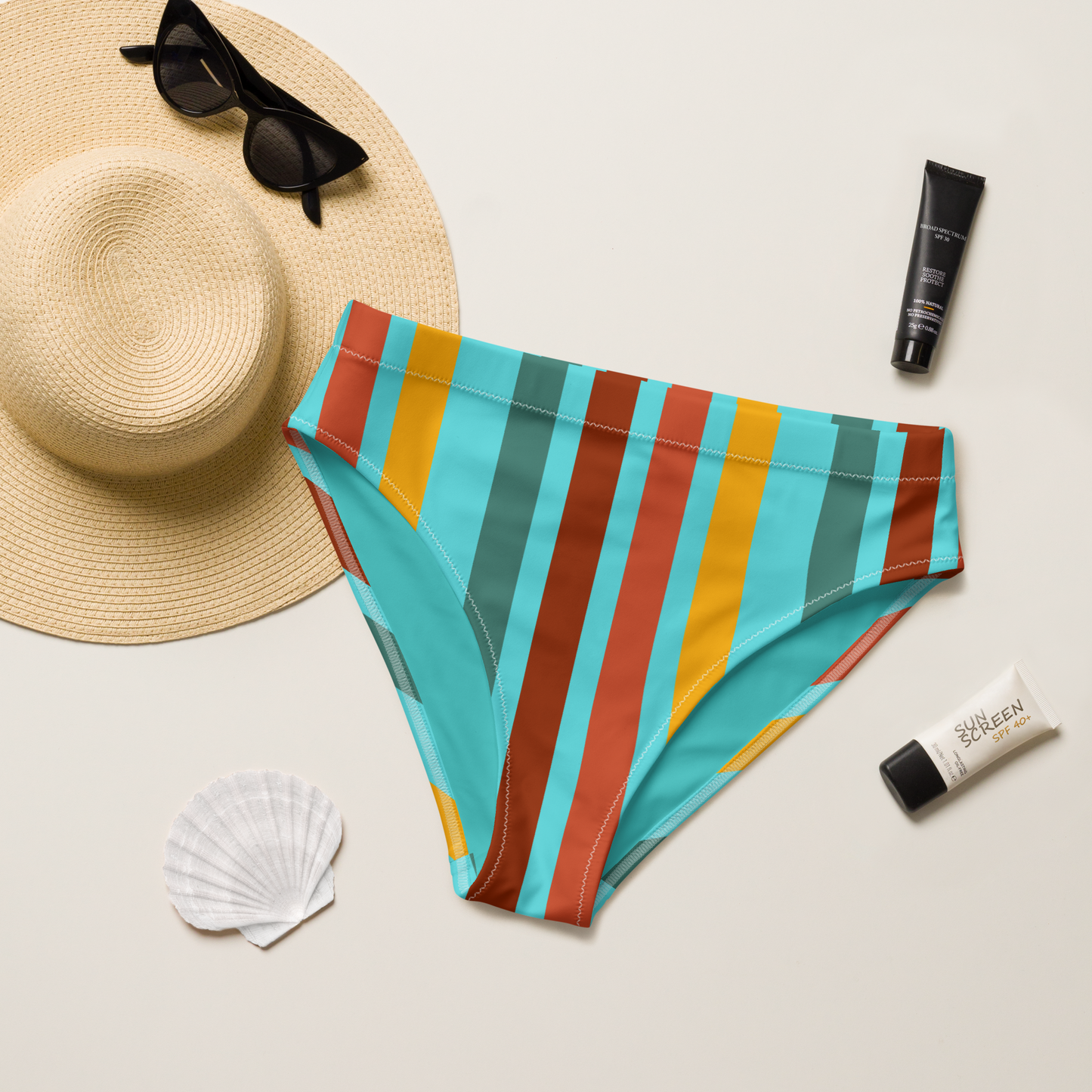 Turquoise Funk Lines Recycled High-Waisted Bikini Bottom