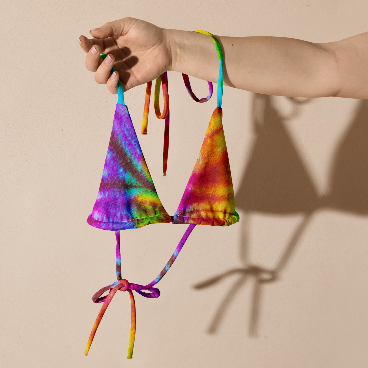 Rainbow Tie-dye Print Recycled String Bikini Top