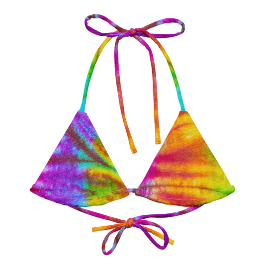 Haut de bikini en ficelle recyclé à imprimé tie-dye arc-en-ciel