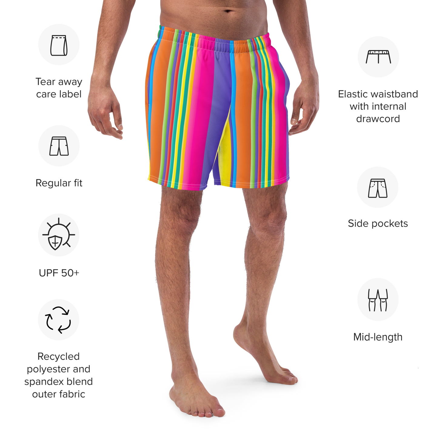 Retro Lines Print Recycled Swim Trunks