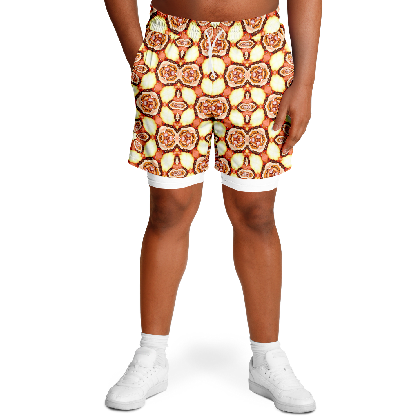 Men's Golden Brown Flower of Life Pattern with White Rash Guard 2-in-1 Shorts