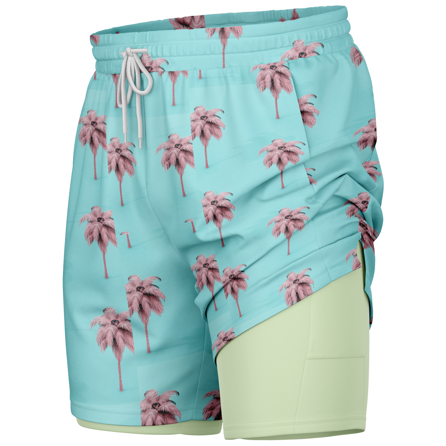 Men's Cotton Candy Palm Tree Pattern with Lemon Lime Rash Guard 2-in-1 Shorts