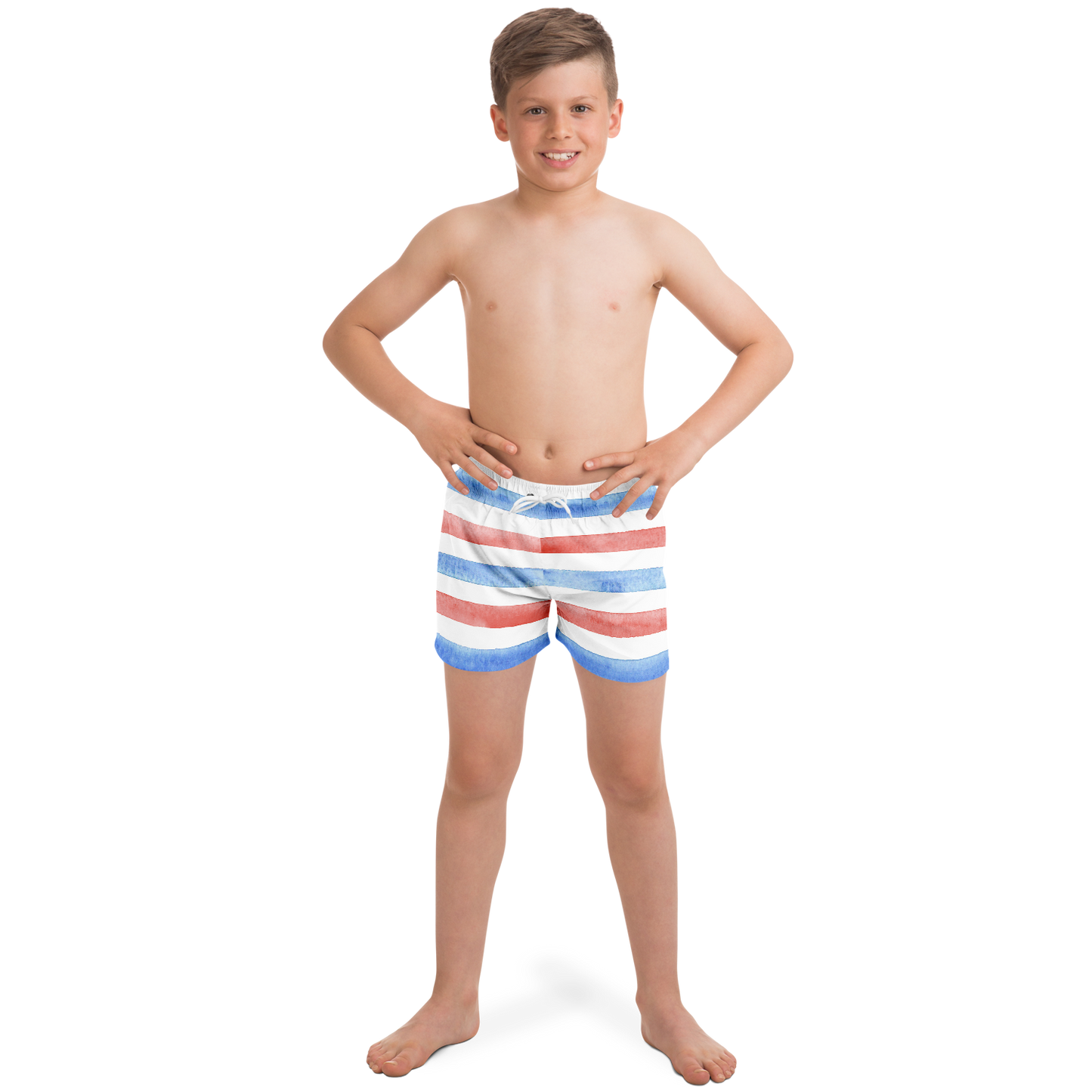 Boys Red, White & Blue Stripes Pattern Swim Trunks