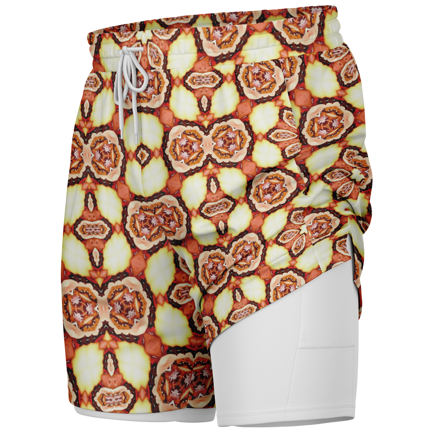 Men's Golden Brown Flower of Life Pattern with White Rash Guard 2-in-1 Shorts