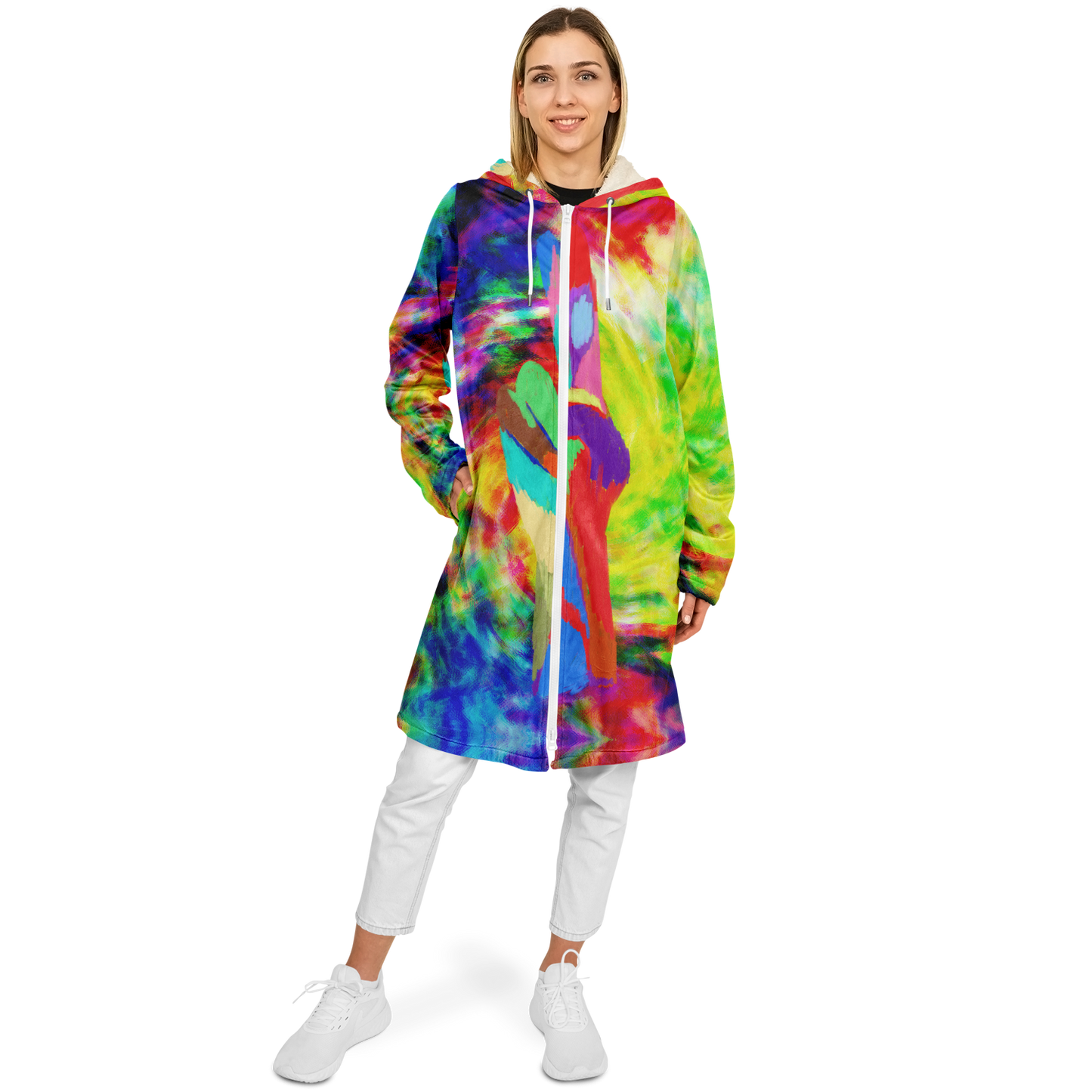 Women's Rainbow Tie-dye Peace Print Zipper Cloak