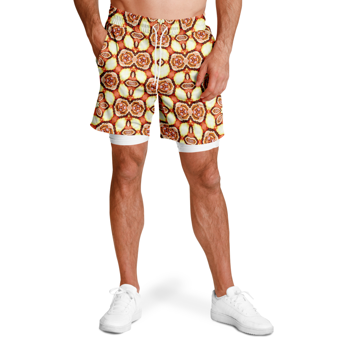 Men's Golden Brown Flower of Life Pattern with White Rash Guard 2-in-1 Shorts