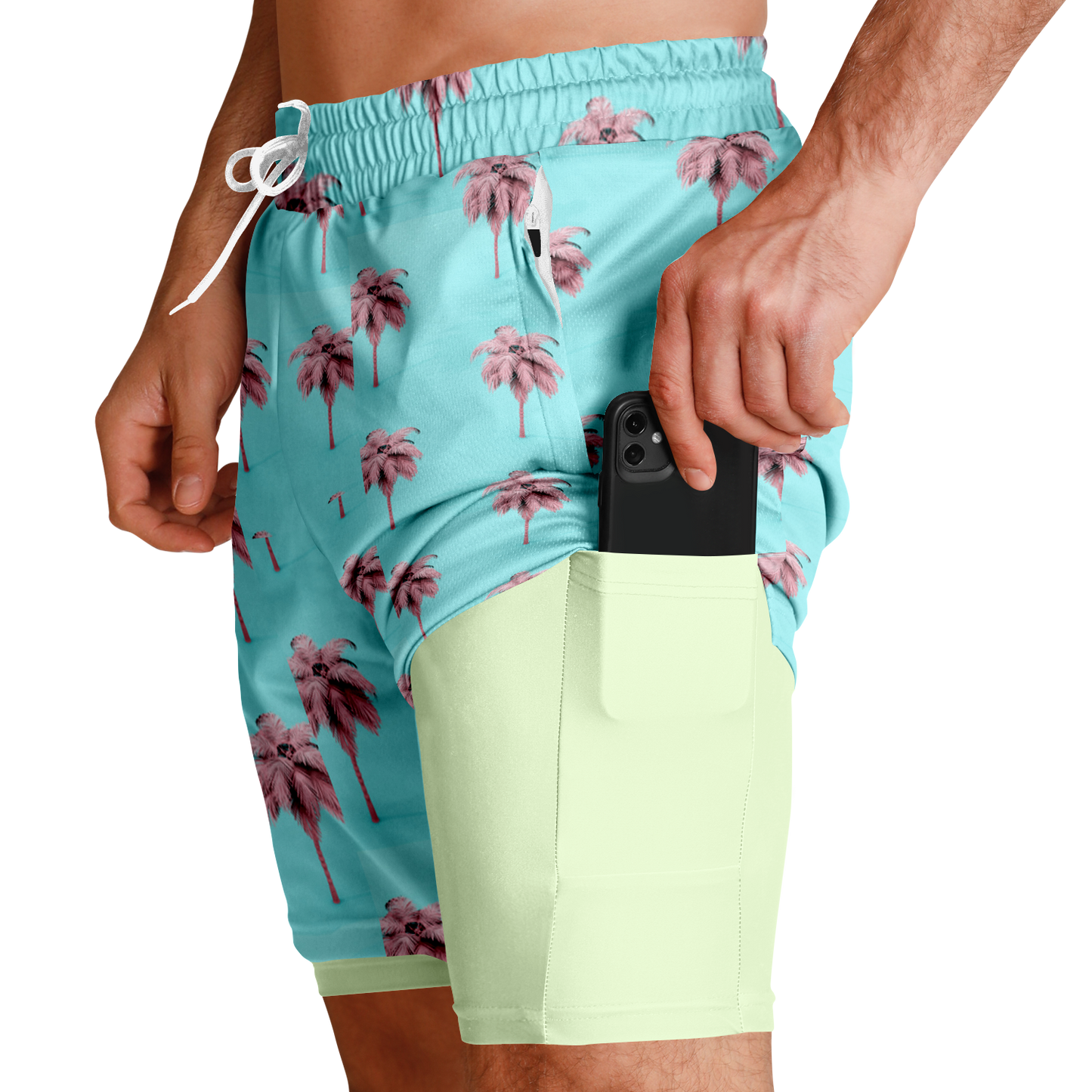 Men's Cotton Candy Palm Tree Pattern with Lemon Lime Rash Guard 2-in-1 Shorts