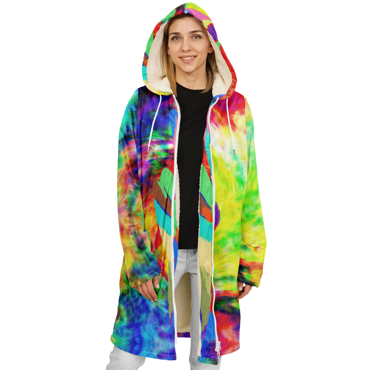 Women's Rainbow Tie-dye Peace Print Zipper Cloak