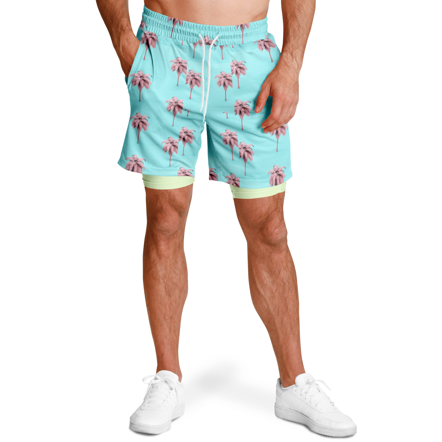 Men's Cotton Candy Palm Tree Pattern with Lemon Lime Rash Guard 2-in-1 Shorts