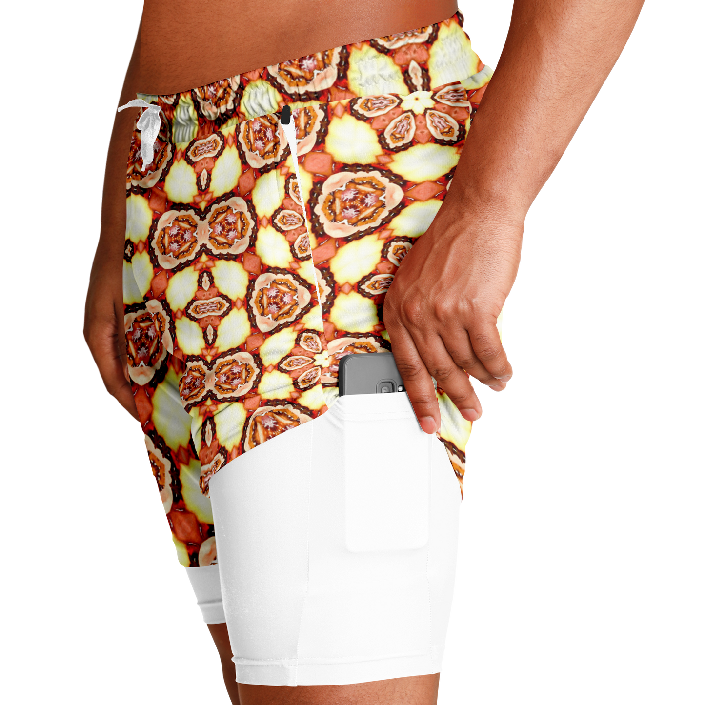 Men's Golden Brown Flower of Life Pattern with White Rash Guard 2-in-1 Shorts